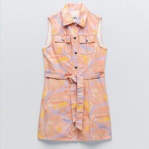 Zara Peach and Lavender Sleeveless Denim Jean Shirt Dress Sz XS Summer Easter